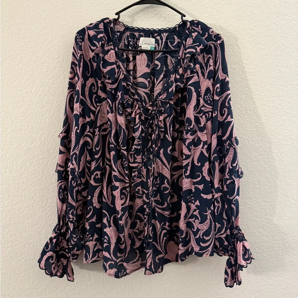 Anthropologie Floral Navy and Pink Blouse - Picture 1 of 4